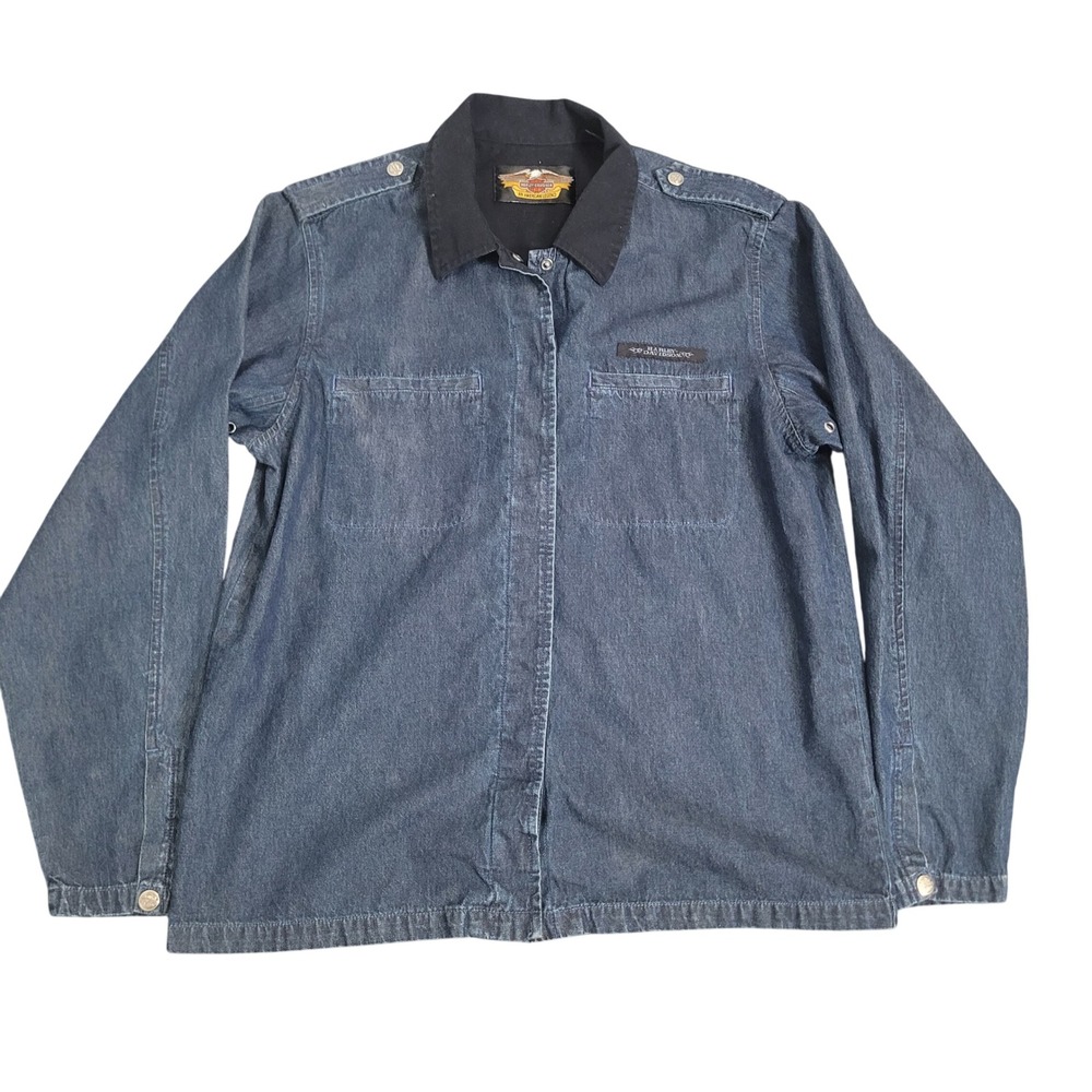 Harley Davidson Large Denim Shirt Womens Blue Long‎ Sleeve Biker Epaulette VTG
